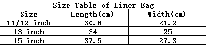Size table: inside length and width by laptop size