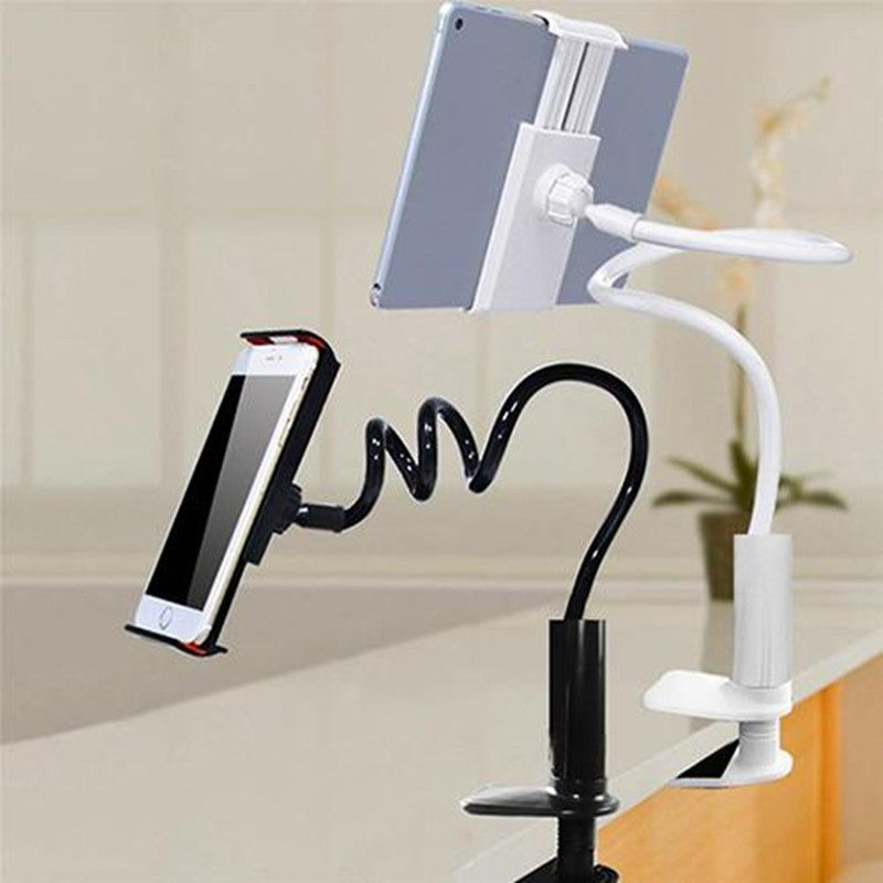 Flexible gooseneck clamp mount in black and white, clamped to a desk