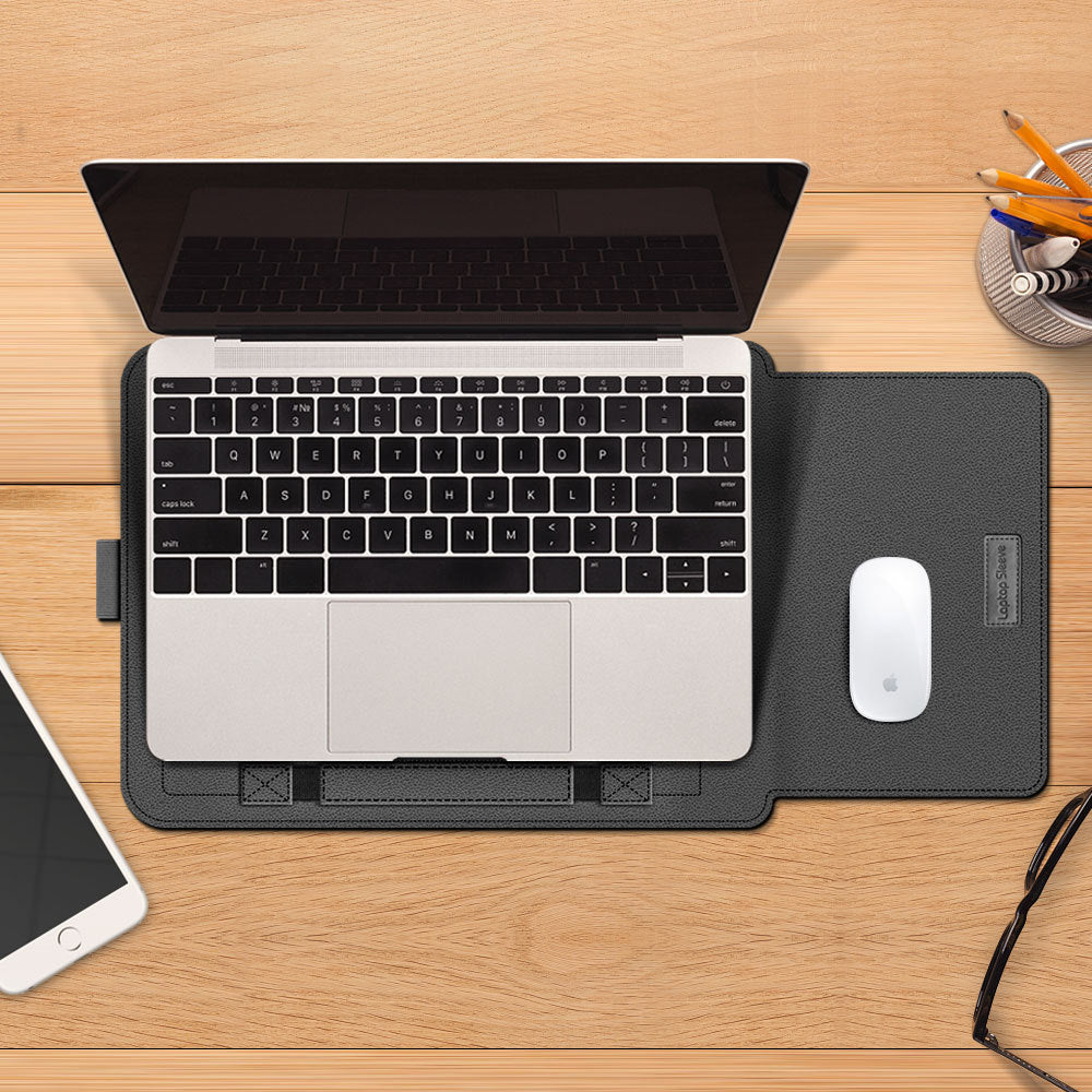 Laptop sleeve opened and folded into a stand