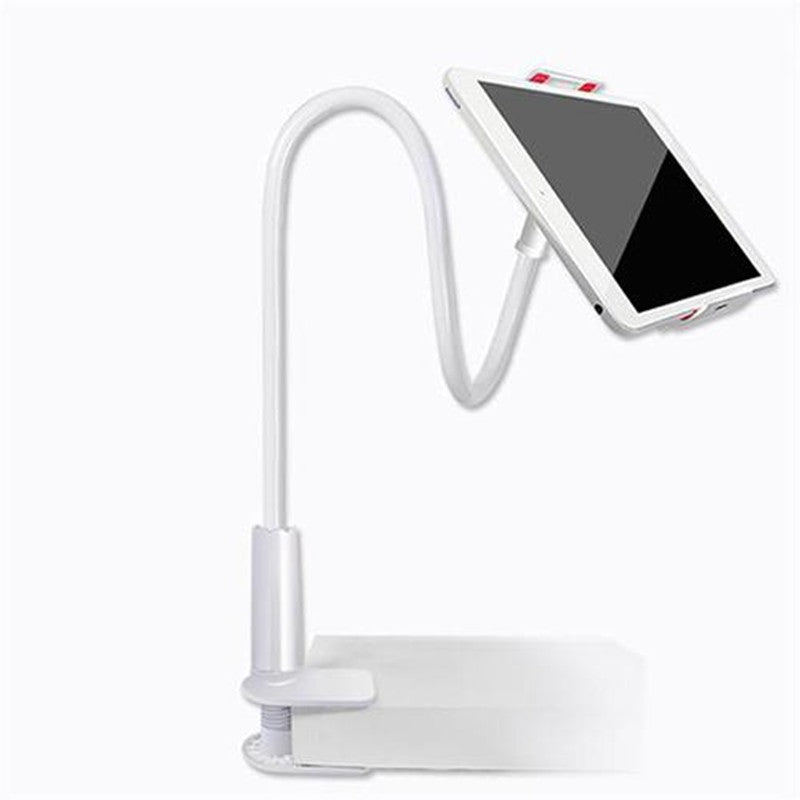 Flexible gooseneck clamp mount, white, holding a tablet