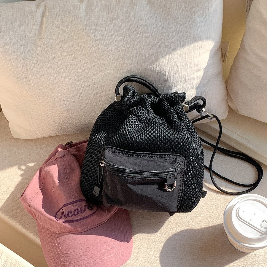 Mesh Drawstring Crossbody Bucket Bag, black