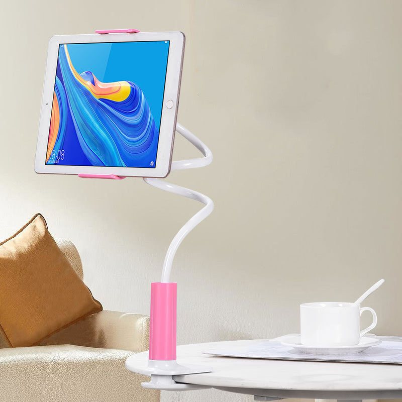 Flexible gooseneck clamp mount, pink clamp, holding a tablet beside a sofa