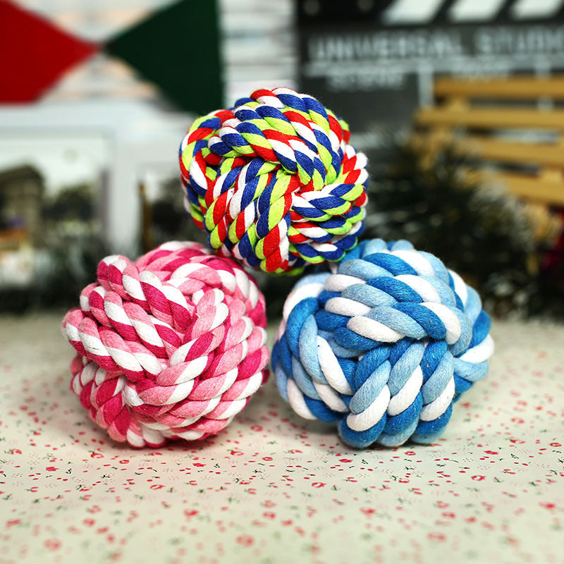 Braided cotton rope ball dog toys in three colours