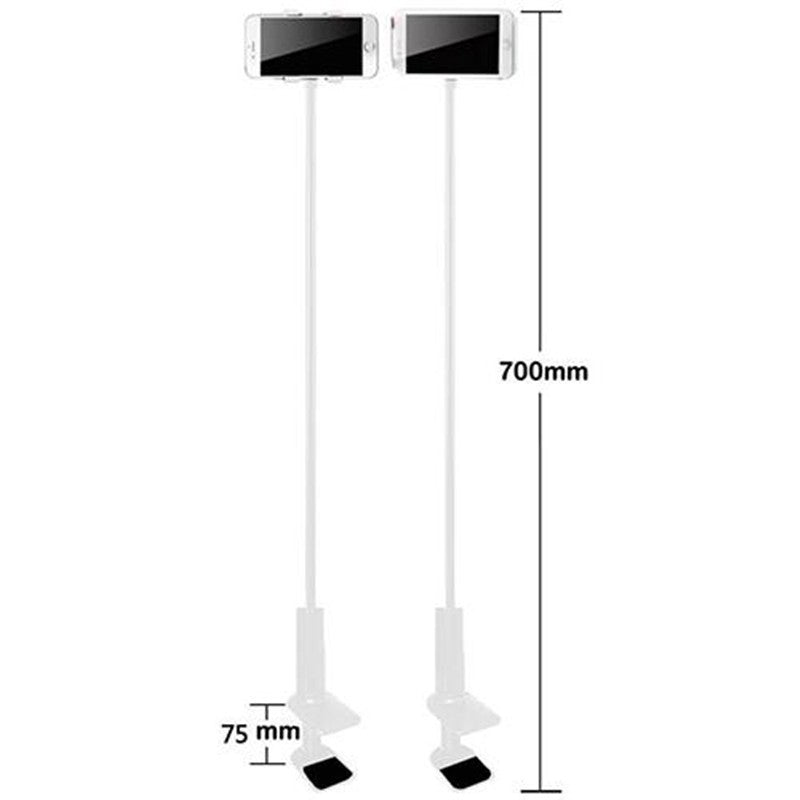 Flexible gooseneck clamp mount dimensions: about 700 mm arm, 75 mm clamp opening