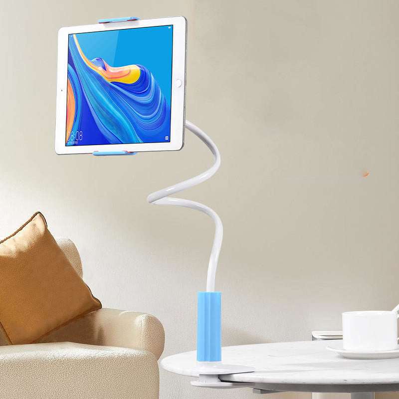 Flexible gooseneck clamp mount, blue clamp, holding a tablet beside a sofa