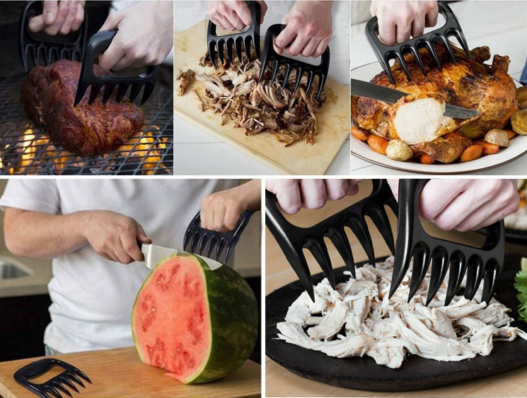 Bear claw shredders in use: lifting a roast, shredding pork, carving