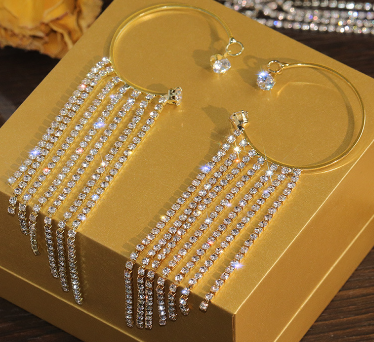 Rhinestone tassel ear cuffs, new style with stud, pair