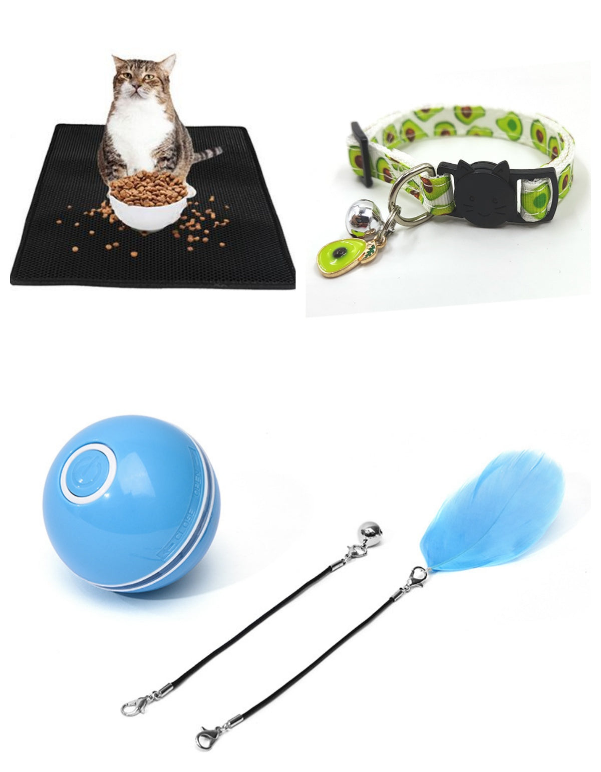 Set version: ball, feather teaser, feeding mat and collar