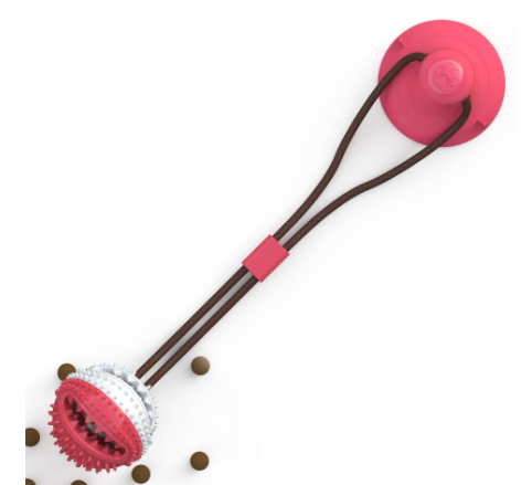 Red suction cup tug toy with treat ball