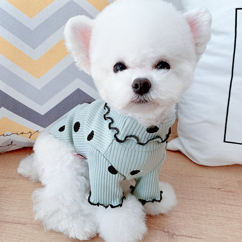 Green polka dot turtleneck dog shirt, front view