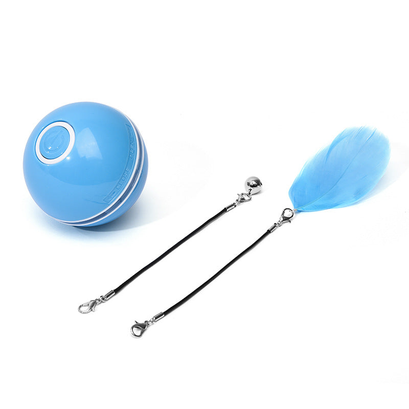 Blue rechargeable ball with feather teaser and bell