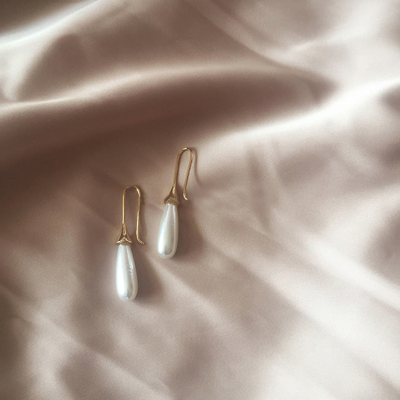 Waterdrop Pearl Earrings, long pearl, on satin
