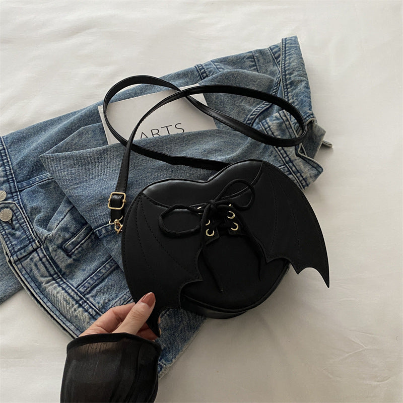 Bat-Wing Heart Crossbody Bag, black, with strap