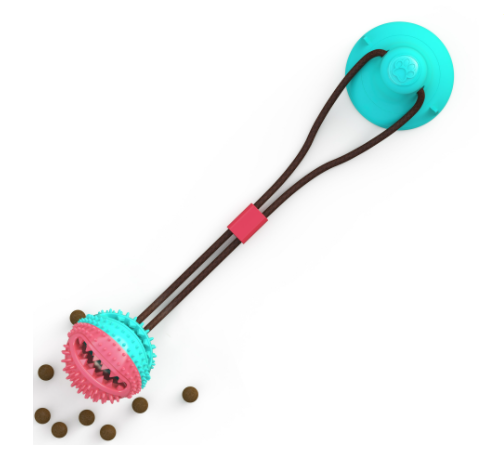 Teal suction cup tug toy with treat ball