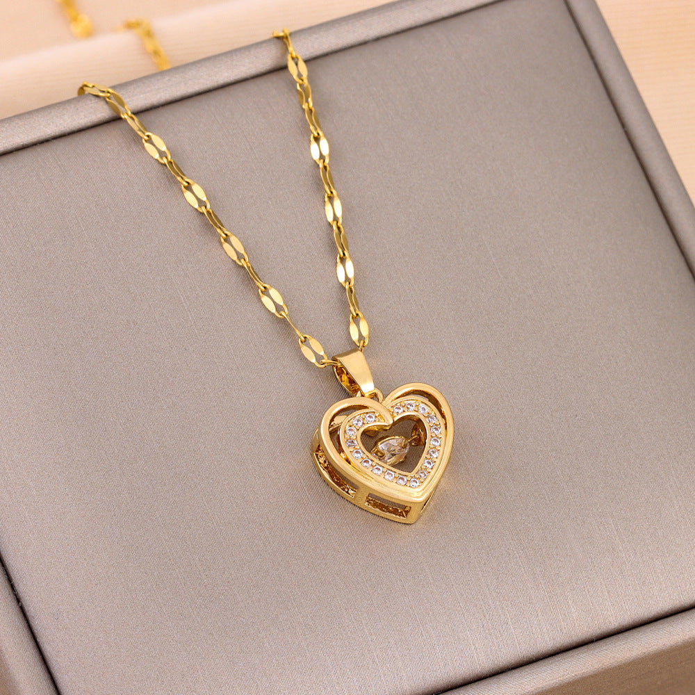 Double-layer Love Necklace with Rhinestones Titanium Steel Pendant