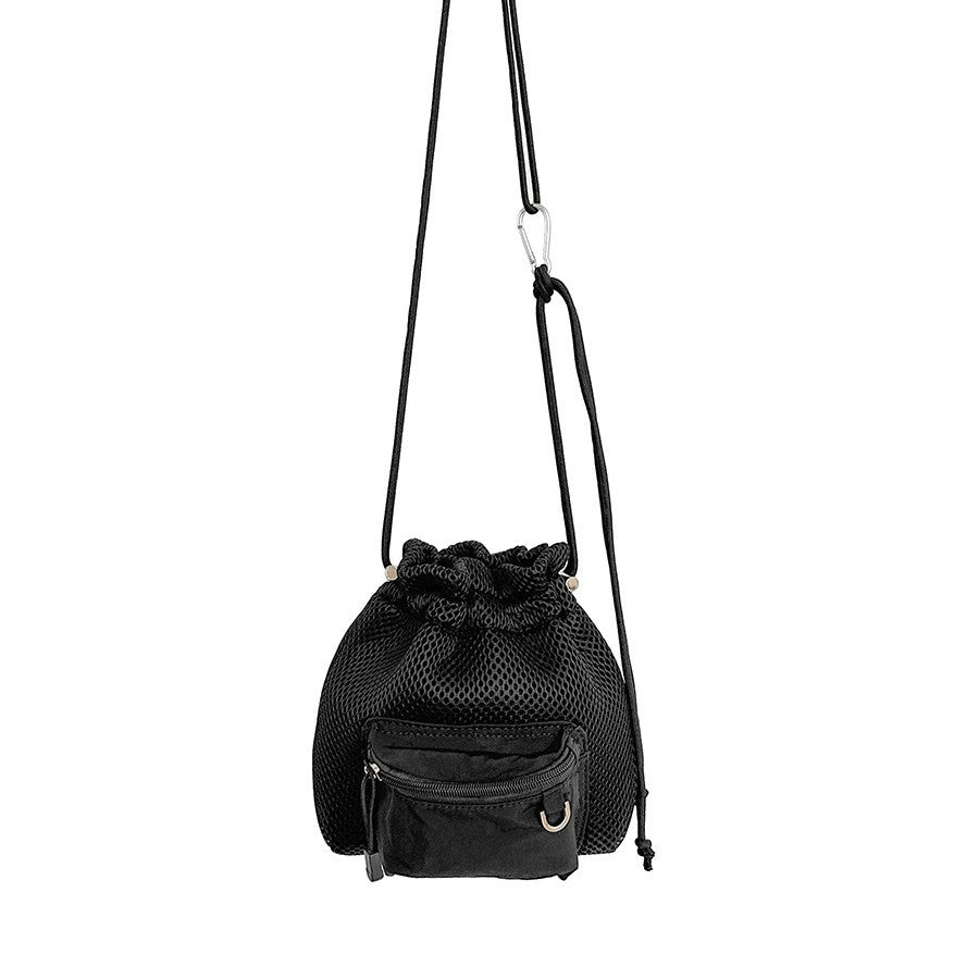 Mesh Drawstring Crossbody Bucket Bag, black, front
