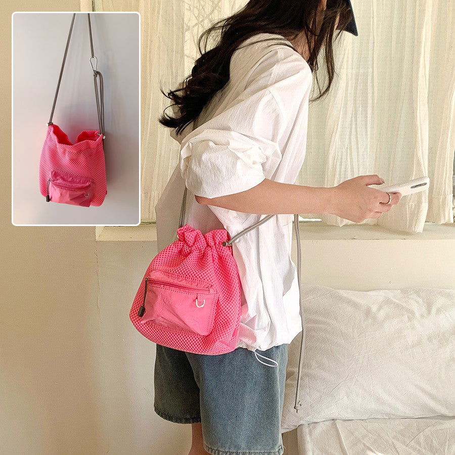 Small Mesh Drawstring Bucket Bag Fashion Cute Messenger Shoulder Bags