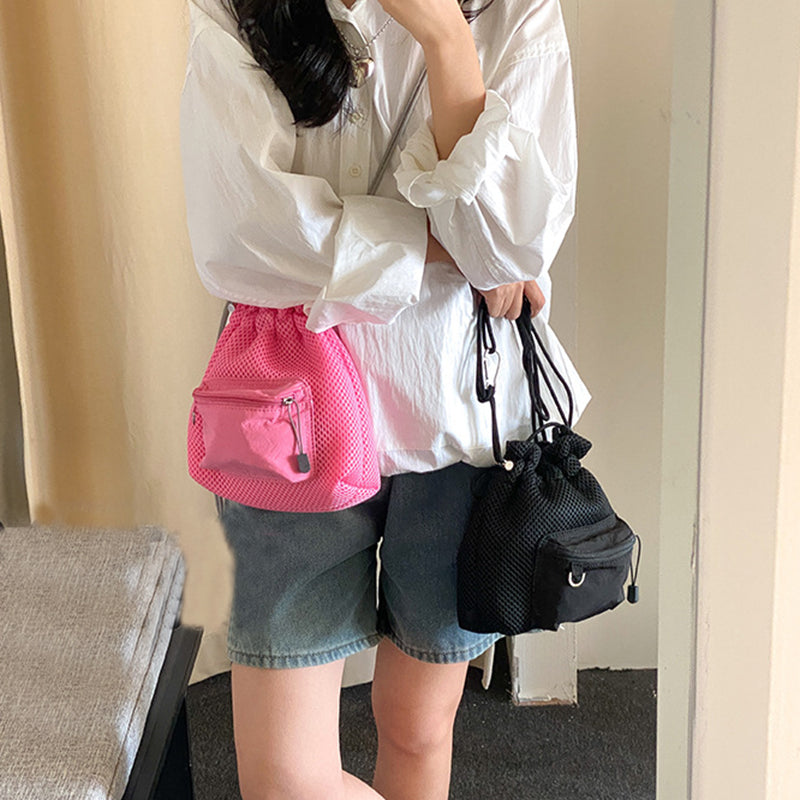 Mesh Drawstring Crossbody Bucket Bag, pink and black